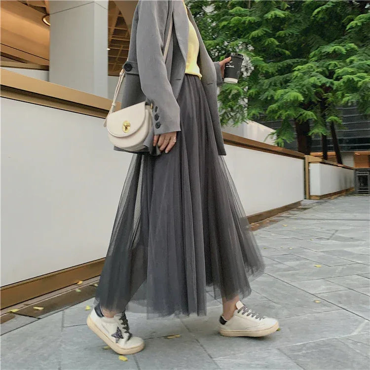 TingYiLi Elegant Tulle Skirt Autumn Winter Big Swing Women Skirt Korean Cute Pink Green Gray Blue Brown Black Long Skirt Tutu