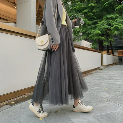 TingYiLi Elegant Tulle Skirt Autumn Winter Big Swing Women Skirt Korean Cute Pink Green Gray Blue Brown Black Long Skirt Tutu