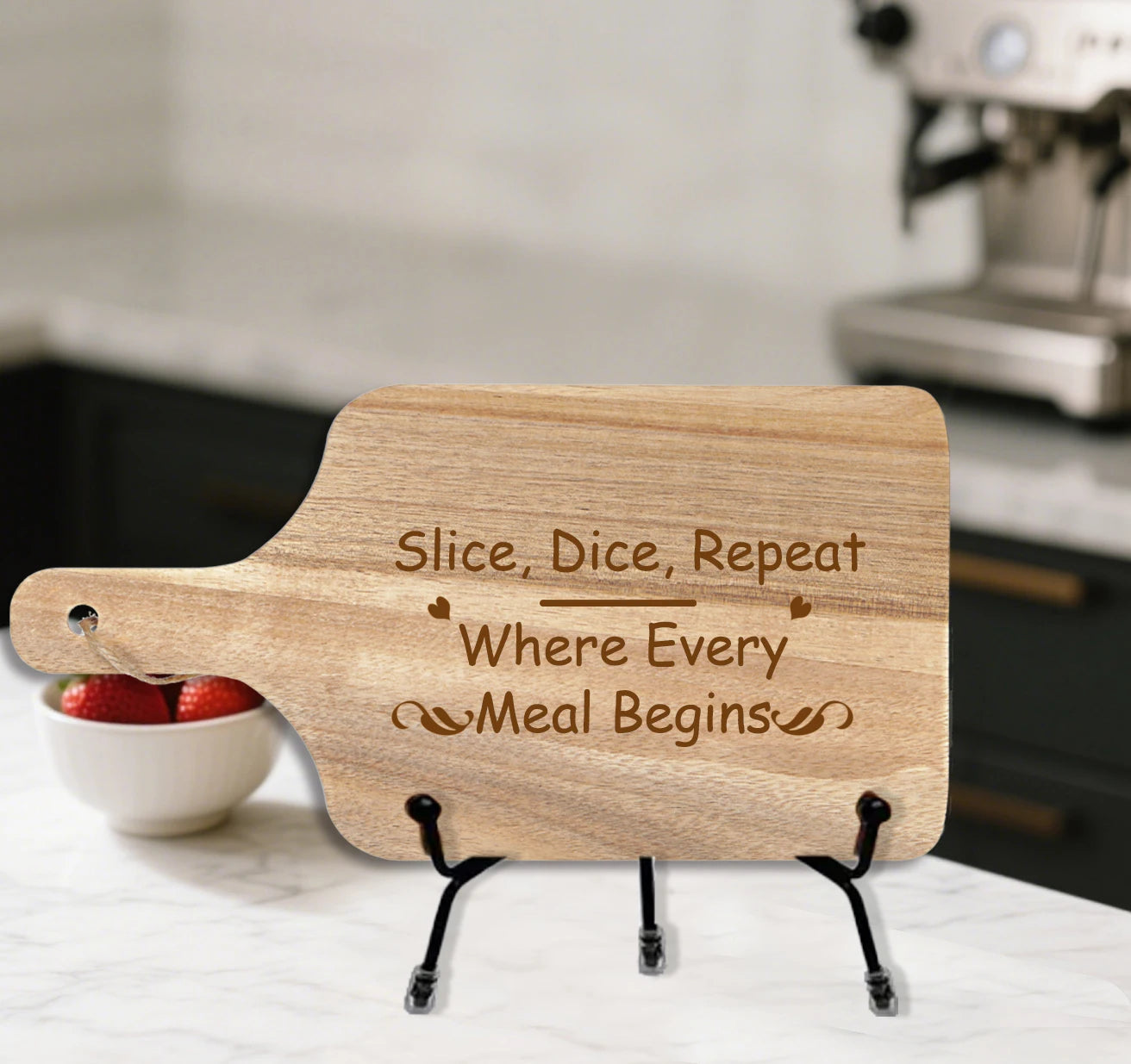 12x6 Inch Natural Wood Handicrafts Serving Board for Kitchen Decor & Family Gift Slice Dice Repeat Engraved Wooden Cutting Board