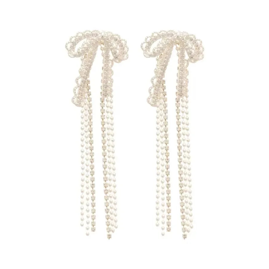 Korean Style Sweet Lace Bow Tassel Drop Earrings Elegant Fashion Design Ethereal Dangling Earrings for Women