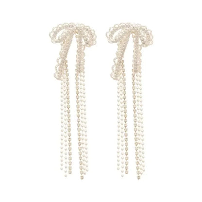 Korean Style Sweet Lace Bow Tassel Drop Earrings Elegant Fashion Design Ethereal Dangling Earrings for Women