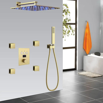 Brushed Gold Shower Body Sprays System 12 Inch LED Wall Mounted Rain Shower Head System Digital Display Thermostatic Shower Set