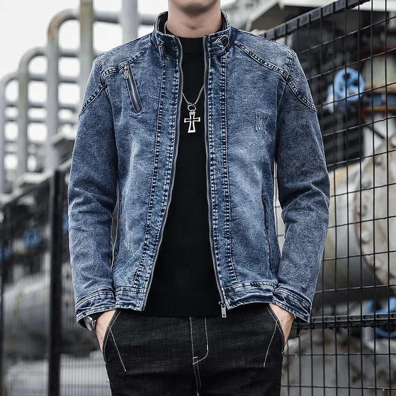 New Vintage Men's Denim Jacket with Wool Fabric Solid Casual Stand Collar Coat Winter Clothes for Men