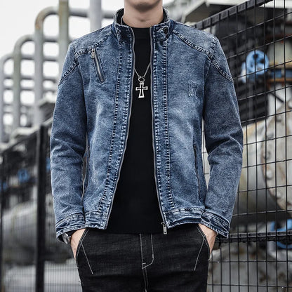 New Vintage Men's Denim Jacket with Wool Fabric Solid Casual Stand Collar Coat Winter Clothes for Men