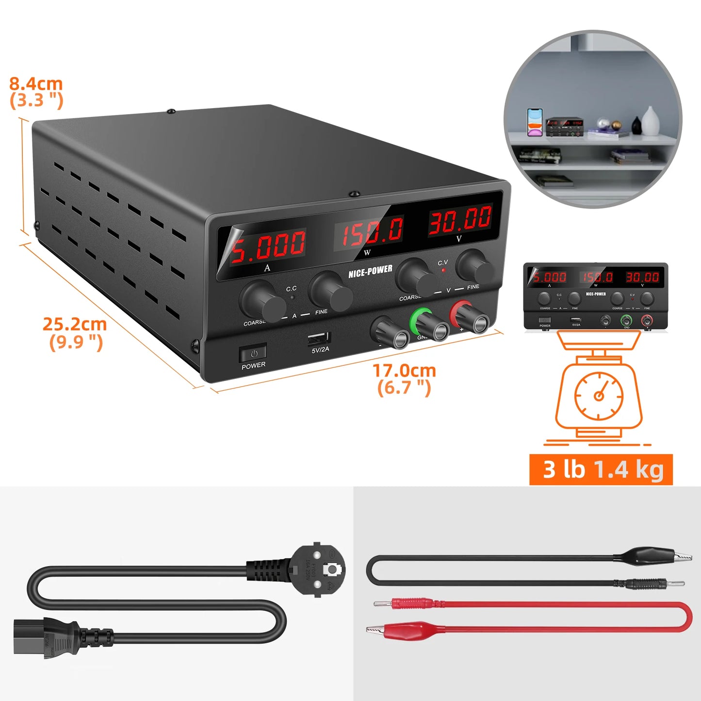 NICE-POWER SPS-H305 Black 30V 5A Repair Usb Switching Variable Adjustable Digital Bench Mini Voltage Dc Power Supply