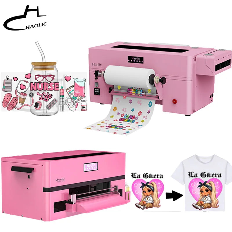 Desktop Haolic Mini A3 UV&DTF Printer Pink Beginner Kit Transfer Machine for Home Business Haolic UX7 Printer Bundle