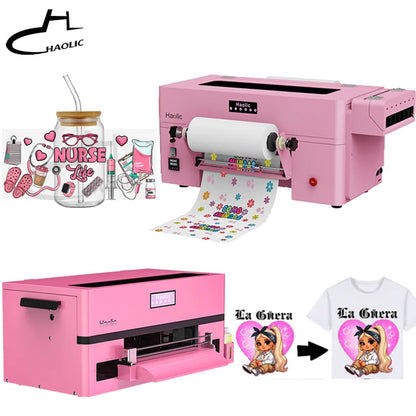 Desktop Haolic Mini A3 UV&DTF Printer Pink Beginner Kit Transfer Machine for Home Business Haolic UX7 Printer Bundle