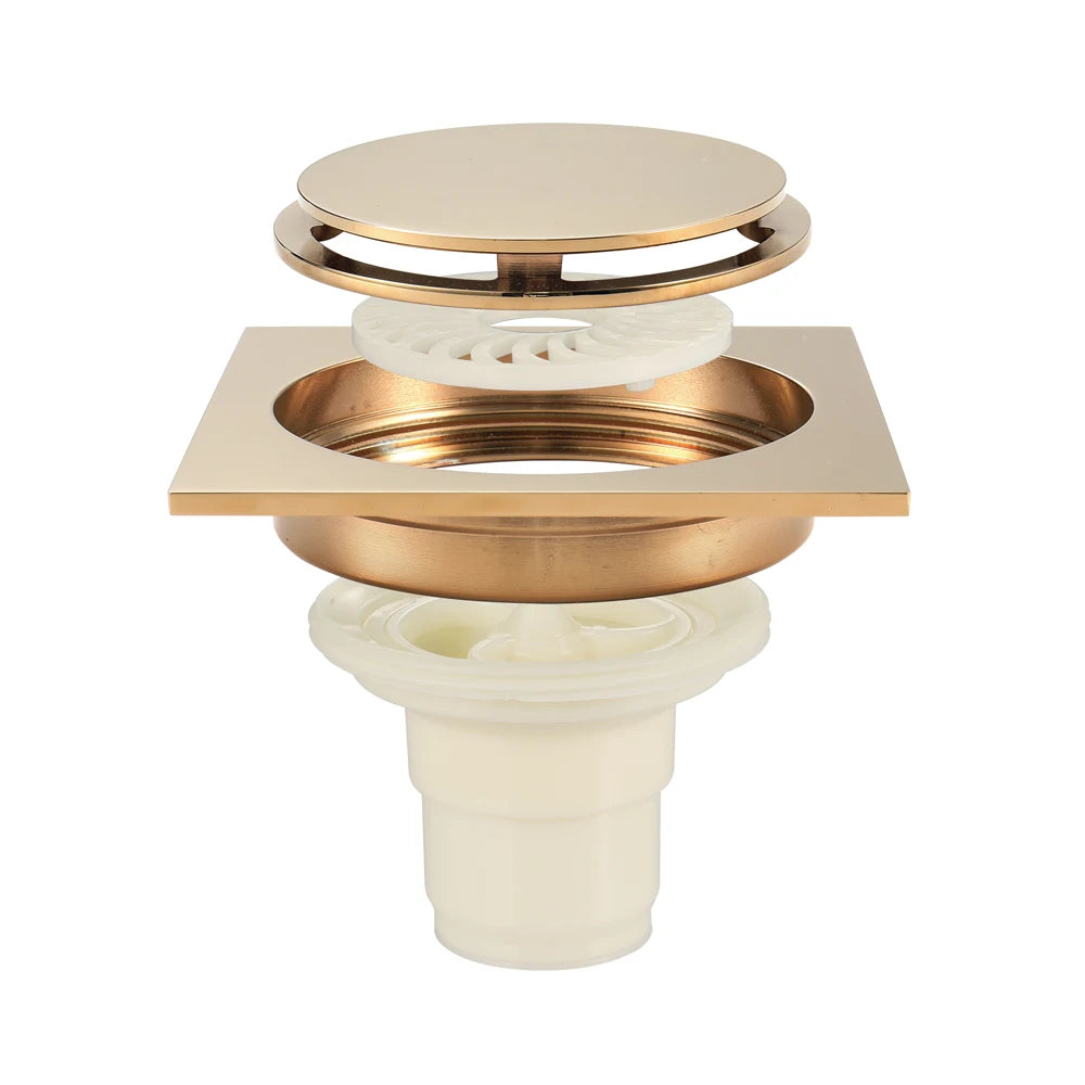 Champagne Gold Modern Square Bathroom Floor Drain with Strainer and Removable Cover Easy Installation
