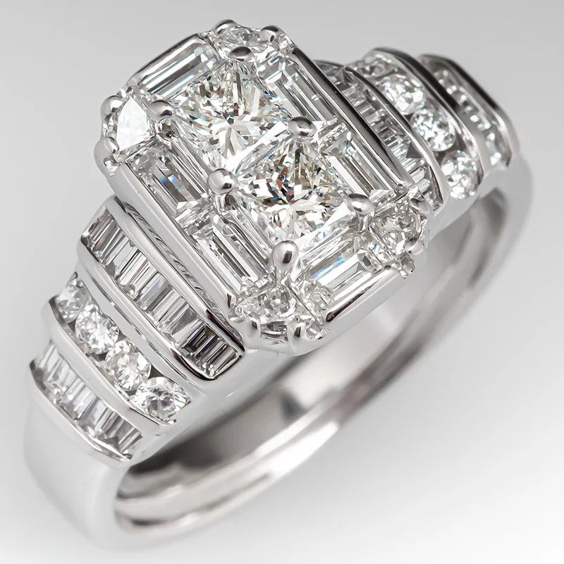 Rectangular Step Cut Womens Ring with Baguette Side Stones Elegant Fashion Jewelry