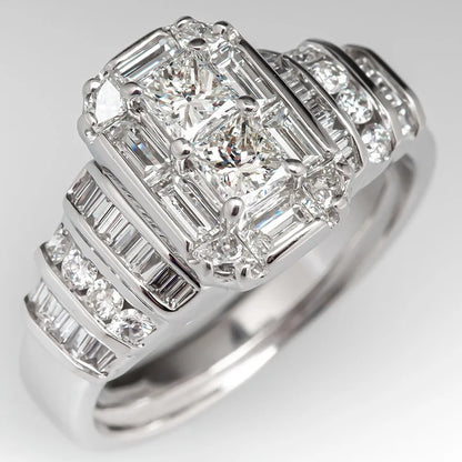 Rectangular Step Cut Womens Ring with Baguette Side Stones Elegant Fashion Jewelry