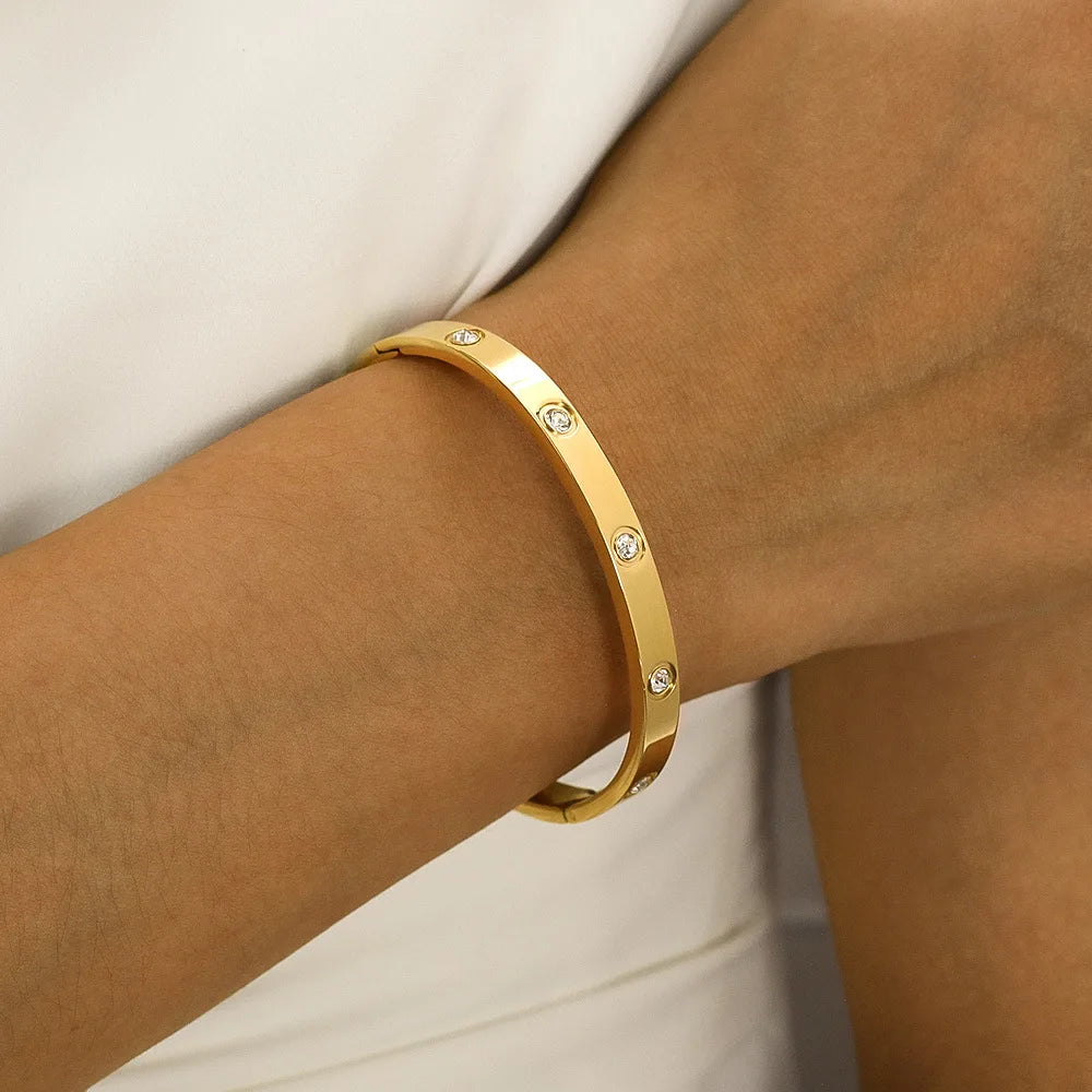 Anti Tarnish Jewellery Women Zircon Tennis 18k Gold Plated Bangles Stainless Steel Fashion Jewelry Bracelets Bangles Set