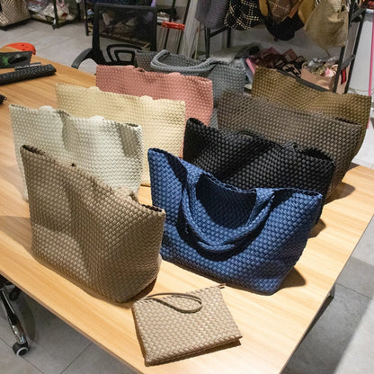 2 Pcs Set Fashion Casual Shoulder Waterproof Lady Woven Purse Hobo Women Neoprene Tote Bag Large Capacity Patchwork Handbag
