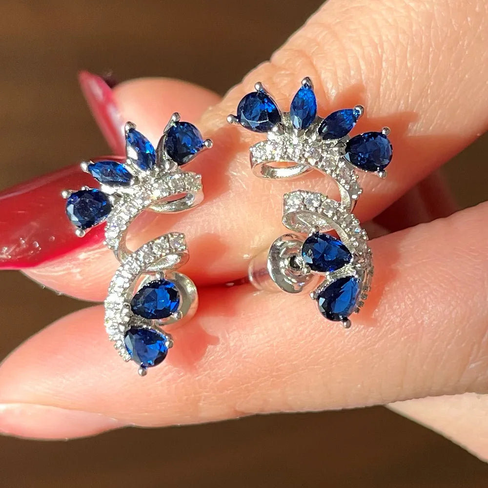 Romantic White Gold Plated 925 Silver Stud Earrings With Sapphire Heart Cut Diamonds Claw Setting For Women Wedding Jewelry