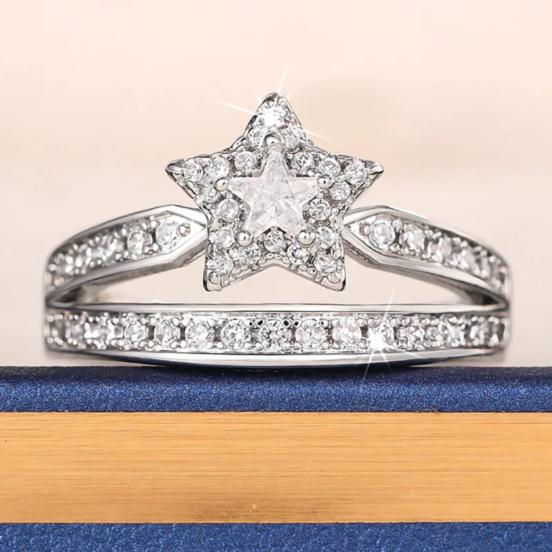T0206 Silver Diamond Ring Princess Cut Natural G Color Women's Engagement Ring With Side Stones