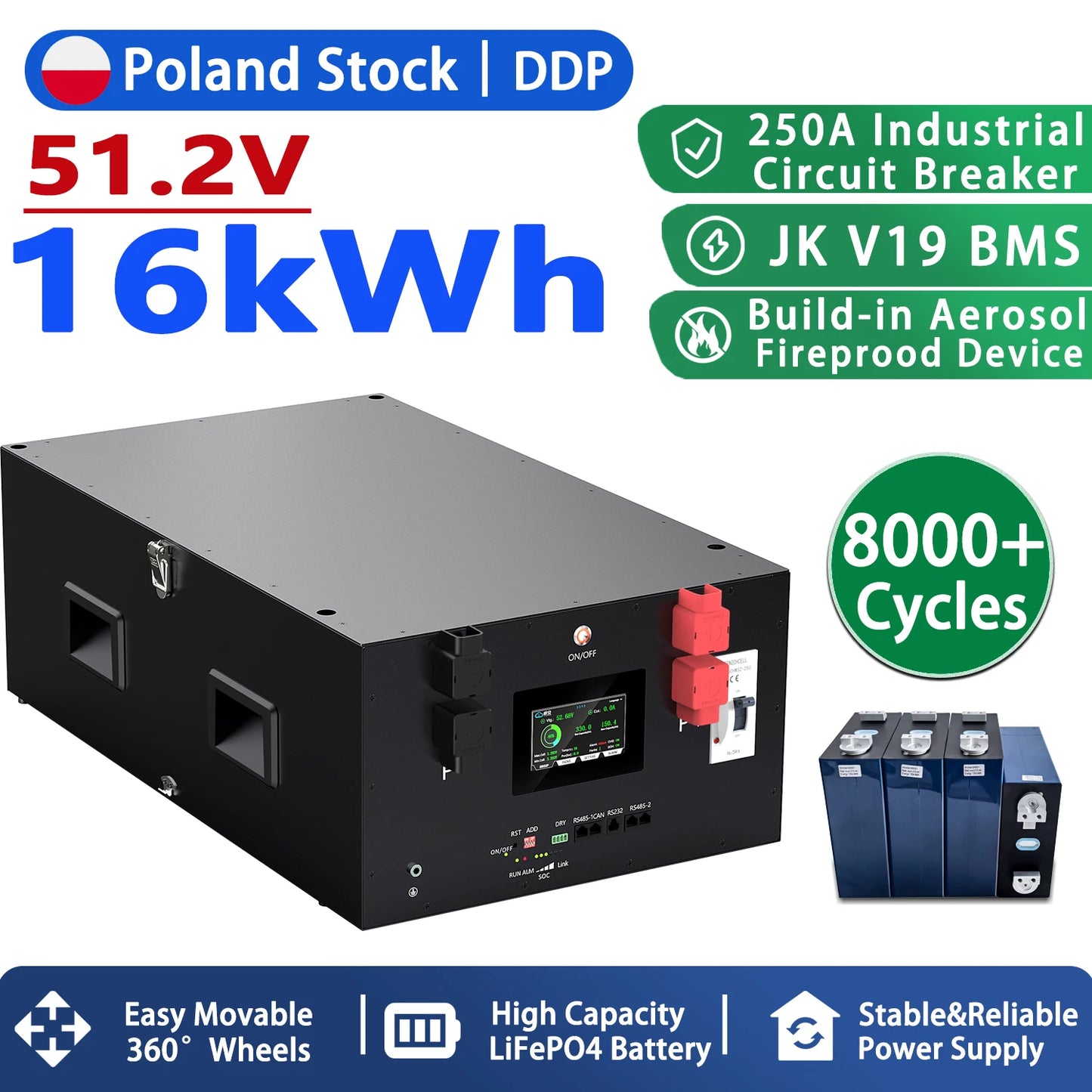 Poland DDP Magazyn Energii Domowej Assembly 8000 Times 48v 51.2v 314Ah JK V19 BMS Lifepo4 Battery for Home Energy Storage System