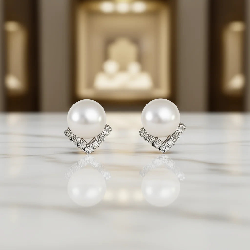 White Gold Faux Pearl Stud Earrings With Crystal Geometric Design For Women Wedding Classic Style Silver Metal