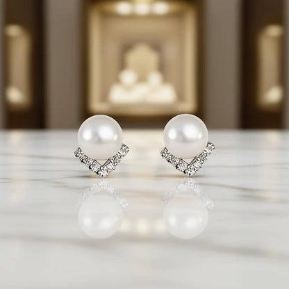 White Gold Faux Pearl Stud Earrings With Crystal Geometric Design For Women Wedding Classic Style Silver Metal