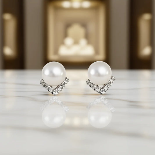 White Gold Faux Pearl Stud Earrings With Crystal Geometric Design For Women Wedding Classic Style Silver Metal by PDG ibma