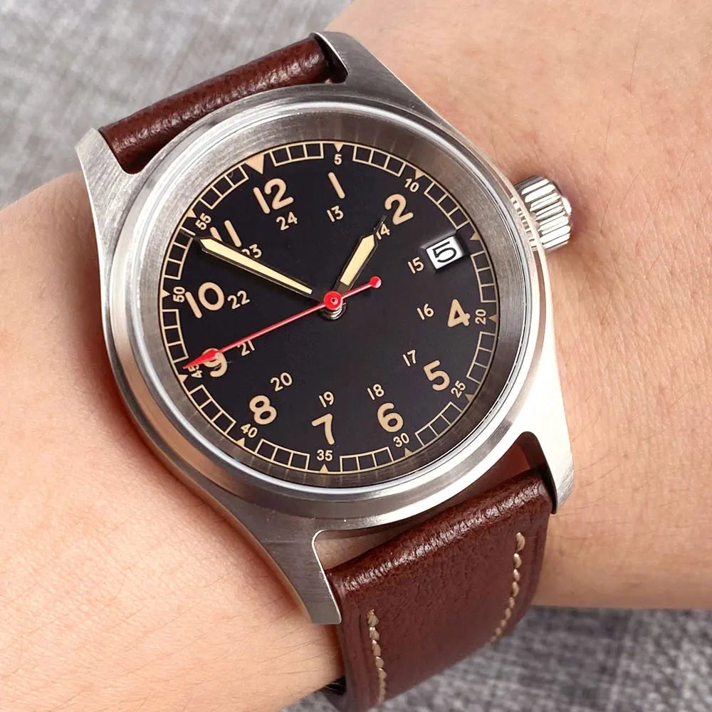 36mm Tandorio NH35 Automatic Men Watch Diver Movt 20Bar Waterproof Wristwatch Big Crown Leather Band Men's Wristwatch
