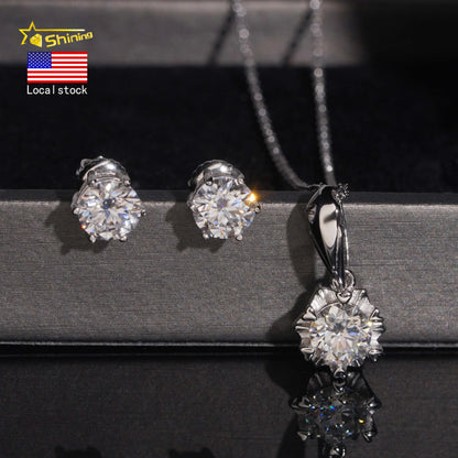 Local Stock Fast Shipping Women Fine Jewelry 925 Silver 6.5mm Moissanite Necklaces Earrings Set