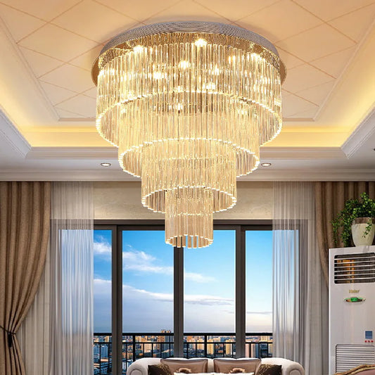 Modern Stainless Steel Ceiling Led Light Round Multi-layer Silver Crystal Chandelier