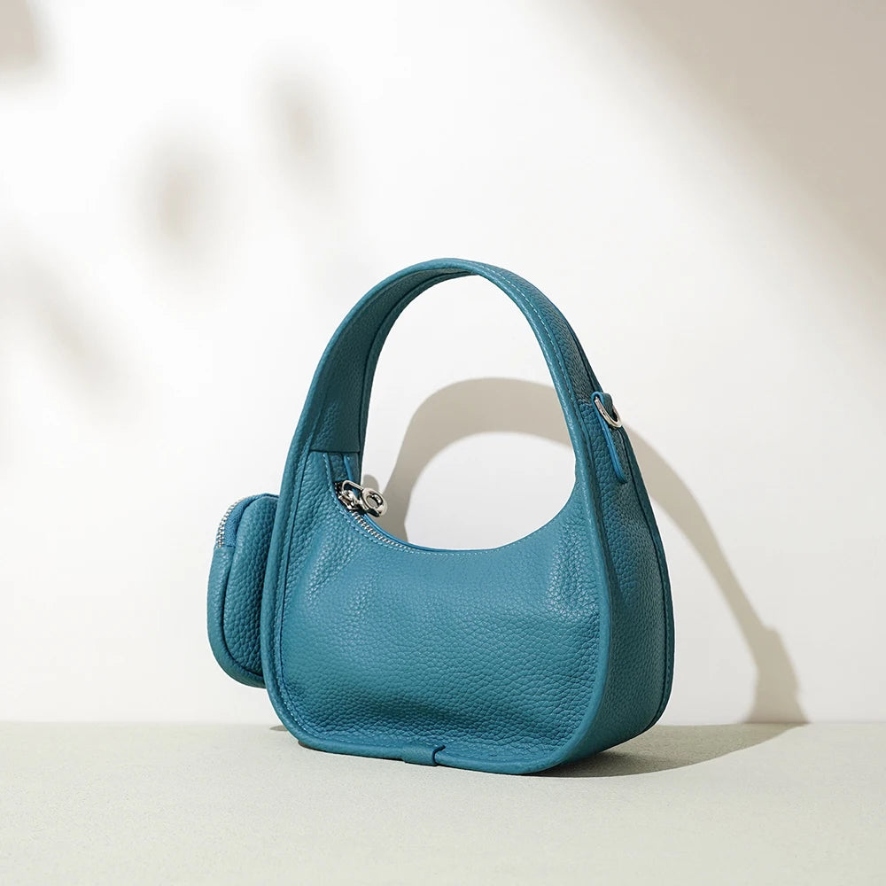 Genuine Cowhide Leather Ladies Shoulder Bag Fashionable Underarm Saddle Handbag Zipper Closure Crescent-Shaped Design for Women