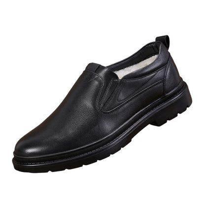 Men Winter Warm Genuine Leather Slip on Shoes Round Fur Lining Rubber Outsole Comfortable EVA Midsole