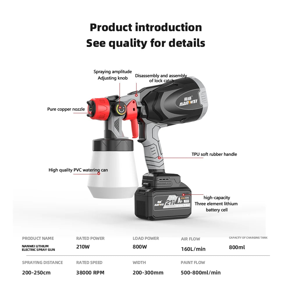NanWei High Voltage 800W Electric Paint Spray Gun 220v Lithium Nozzle Pneumatic Power Source Battery Operated Paint Equipment