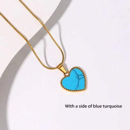 Heart Necklace for Women Synthetic Blue Turquoise Inlay Gold Color Stainless Steel Heart Pendant Necklace Gift