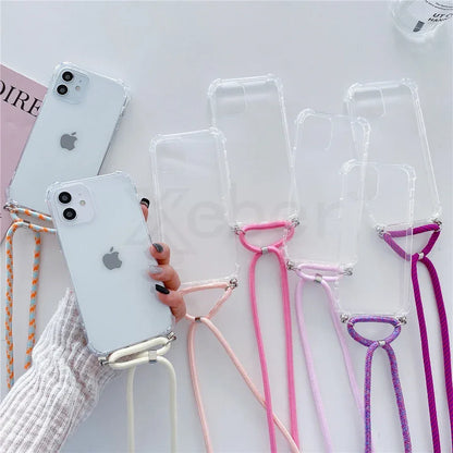 Necklace Lanyard Strap Chain Phone Case For iPhone 16 15 14 13 Pro Max 12 11 XS X XR Mini 7 8 Plus Transparent Soft Rope Cover