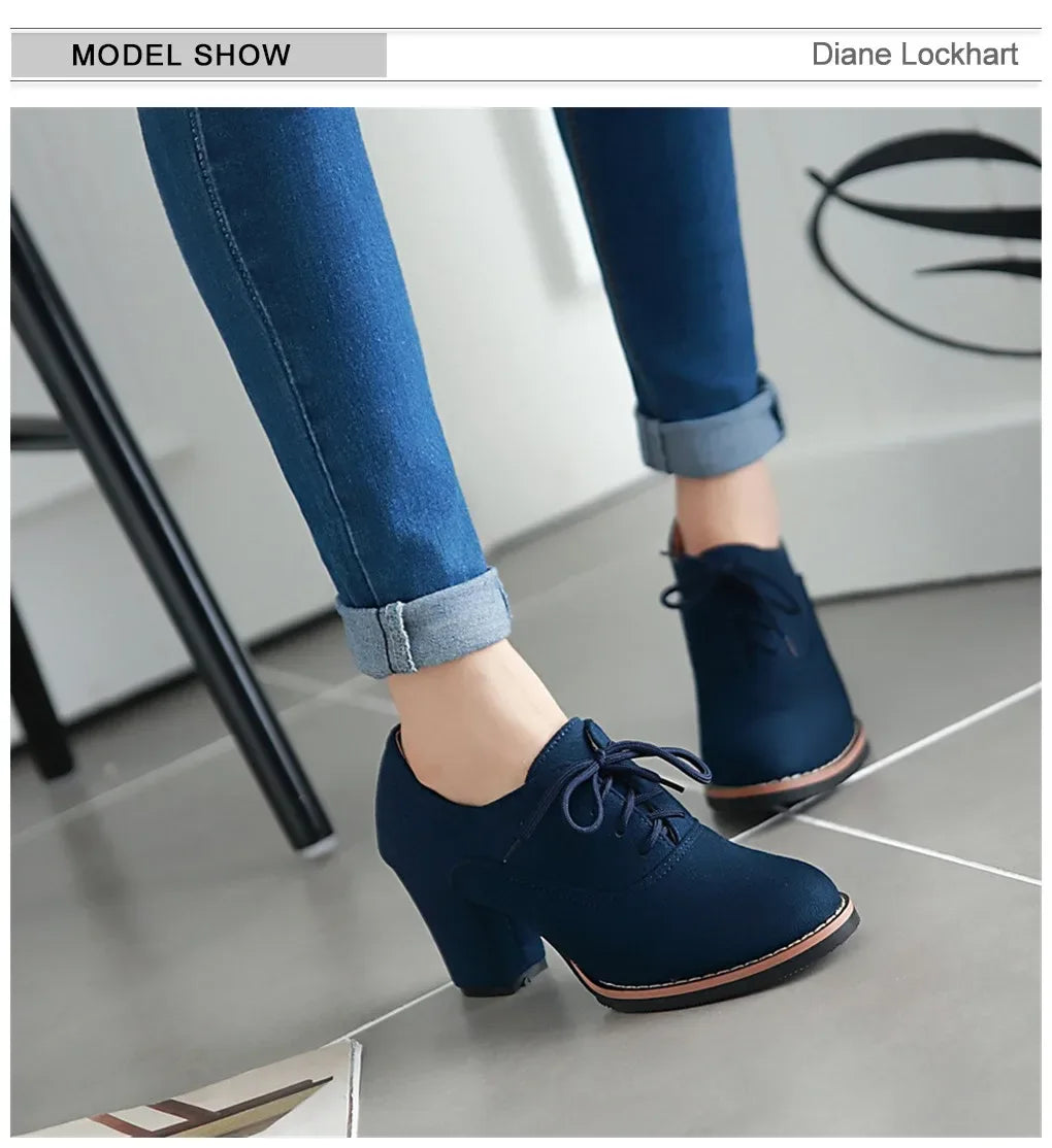 Vintage Women Lace Up Pumps Square Heel Round Toe High Heels British Style Oxfords Autumn Low Top Student Shoes Blue Booties 33