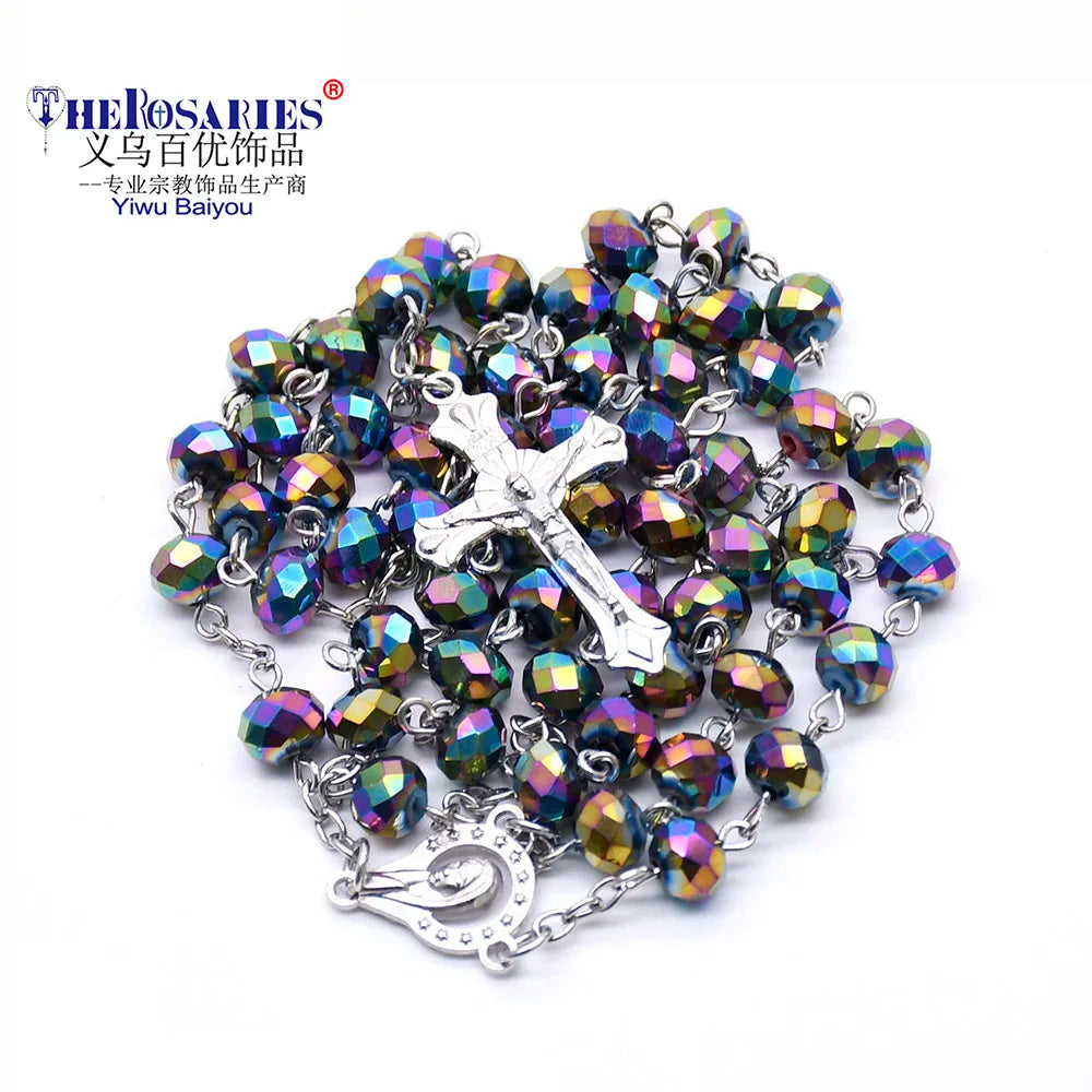 Rosary Cross Necklace Catholic Crystal Religious Beads Chain Children's Rosary Large Catholic Blue Young Bomb Party Jewelry