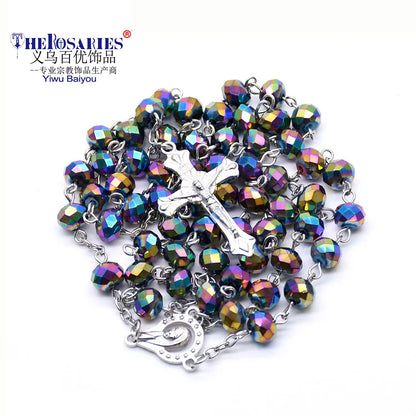 Rosary Cross Necklace Catholic Crystal Religious Beads Chain Children's Rosary Large Catholic Blue Young Bomb Party Jewelry
