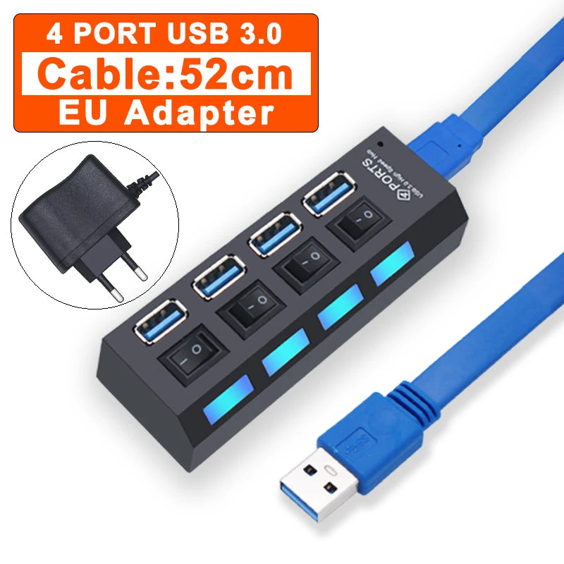 Hub USB 3.0, répartiteur USB 2.0, adaptateur secteur, multi-ports USB 4/7 avec commutateur, accessoires pour PC