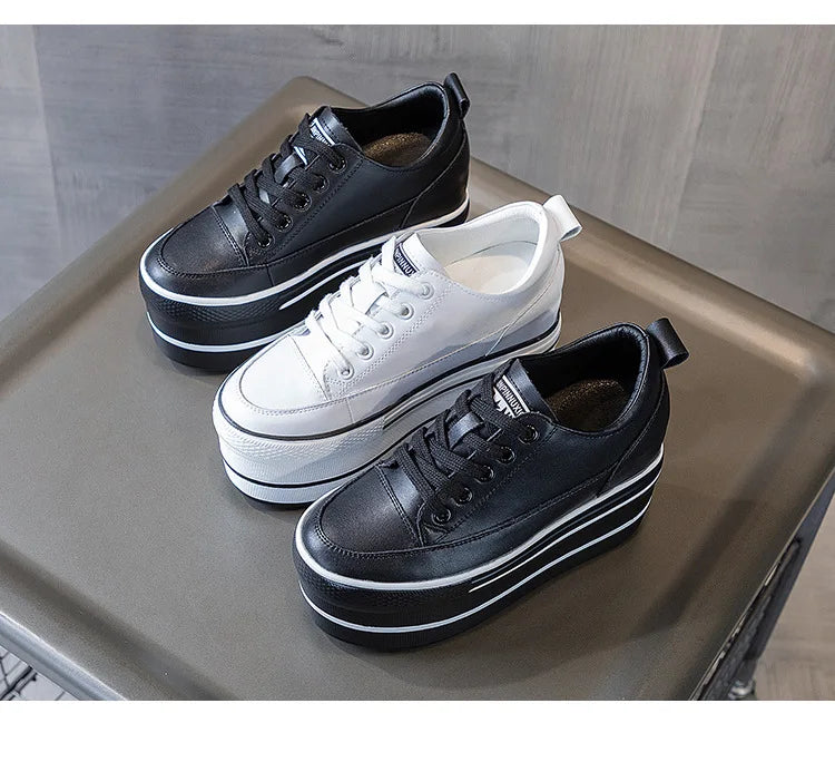 Fujin 10.5cm High Thick Heel Platform Flats Women Casual Shoes Genuine Leather Soft Quality Casual Shoe Sneakers White Black