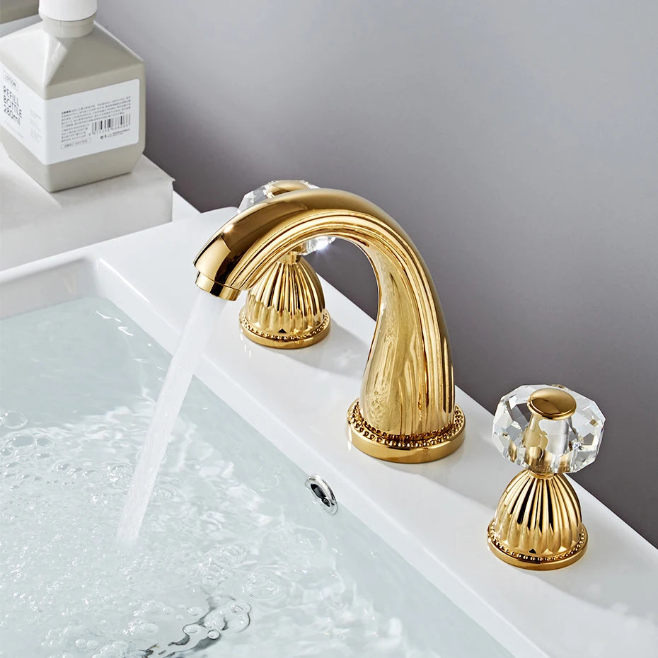 Gold Crystal 3-Hole Basin Split Faucet Bathroom Cabinet Full Copper Washbasin Under Counter Basin Cold and Hot Water Faucet CF96