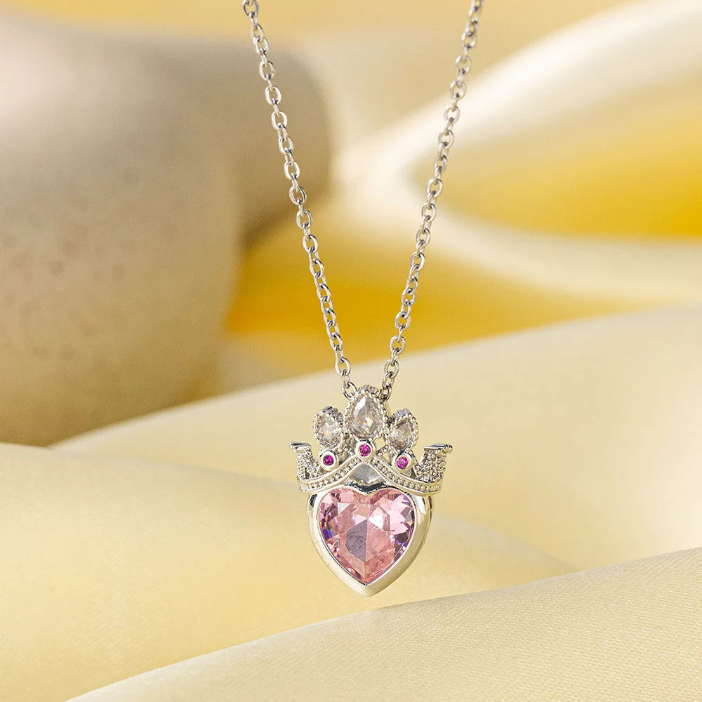A Lovely Crown Pink Necklace Temperament Clavicle Chain Suitable for Daily Wear Titanium Steel