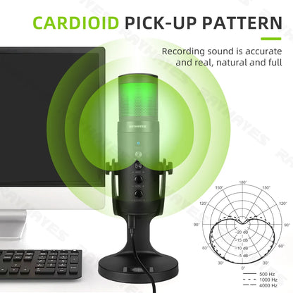 RAYHAYES JI-M90 RGB USB Microphone Condenser Gaming Mic for PC Phone Online Teaching Meeting Livestreaming