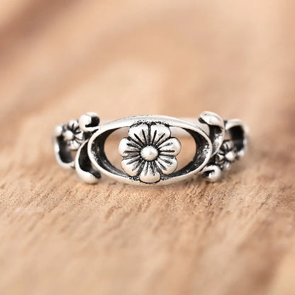 T0278 Flower Pattern Alloy Ring Antique Silver Plated Unisex Fashion Gift for Women & Men