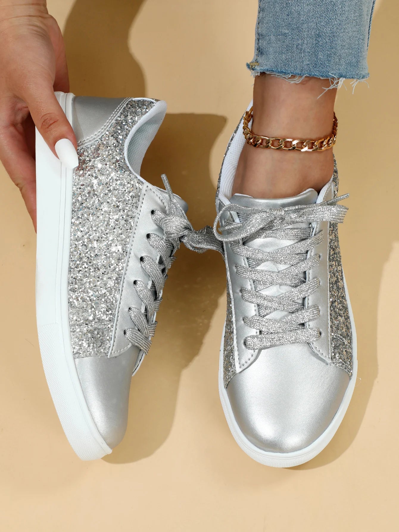 New Hot Product Brand Trendy Sneakers From Vietnam Lace-up Glitter Bling Party Shoes for Girls Teenage Chunky Shoe 2025 Brand