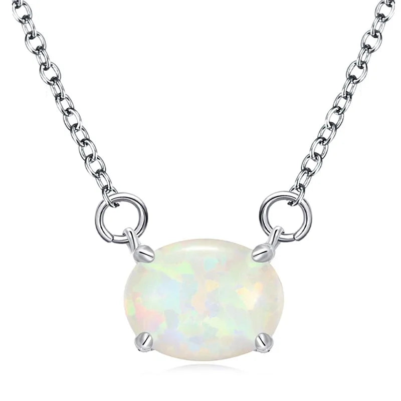Oval Iridescent Gemstone Pendant Necklace Claw Setting Classic Unisex Link Chain Jewelry