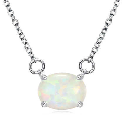 Oval Iridescent Gemstone Pendant Necklace Claw Setting Classic Unisex Link Chain Jewelry