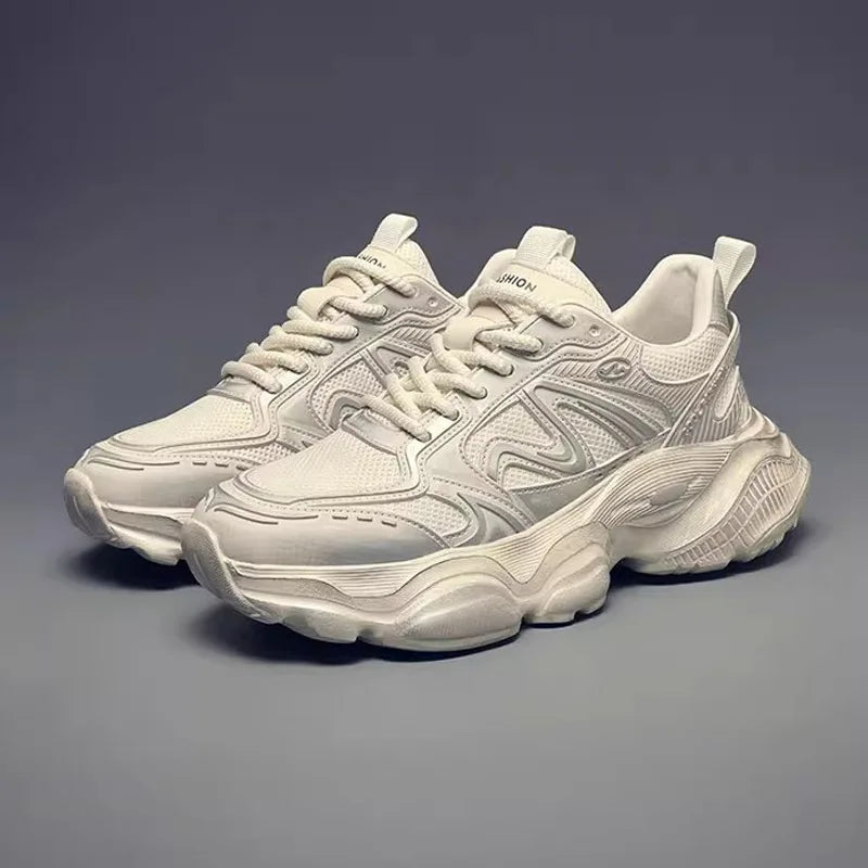 Empire Chunky Shoes Men Retro Solid Color Toe Lace-Up Mesh Lining Rubber Outsole Height Increasing Casual Sneakers Embossed Shoe