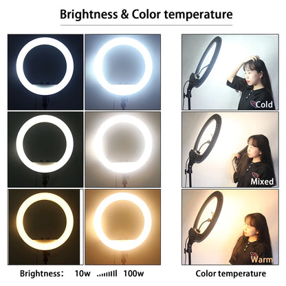 FOSOTO Photographic Ringlight with 3 Phone Holders Selfie Led Ring Fill Light with Tripod Stand Led Ring Light 18inch