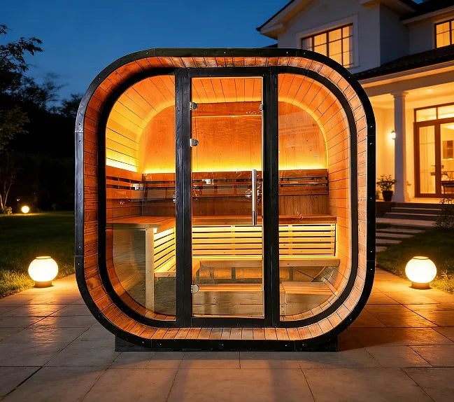 Premium Solid Wood outdoor cube sauna Tradition L-Shaped Double-Tiered Bench black sauna room with 220-240V sauna stove