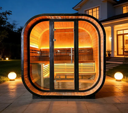 Premium Solid Wood outdoor cube sauna Tradition L-Shaped Double-Tiered Bench black sauna room with 220-240V sauna stove