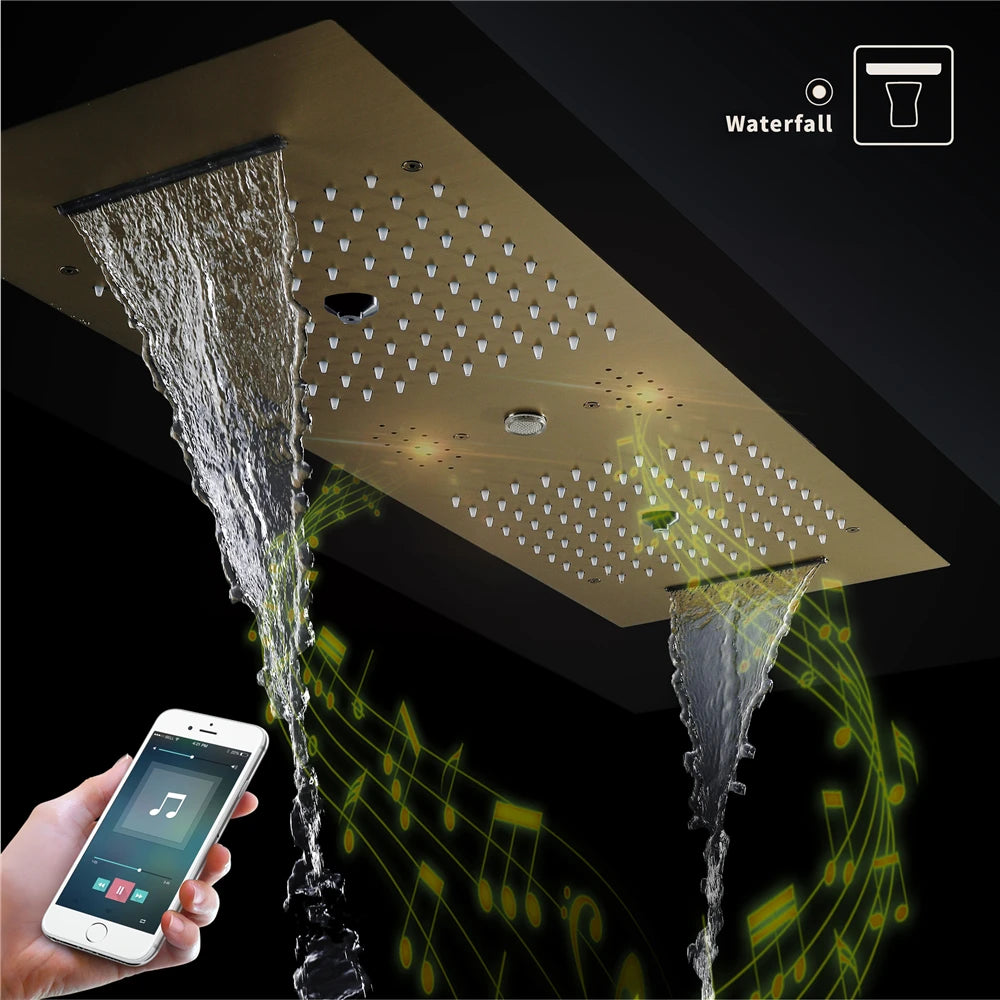 Brushed Gold Brass 36*12inch Music Led Water Column Rain&Waterfall Shower Head Temperature Display Touch Control Apartment