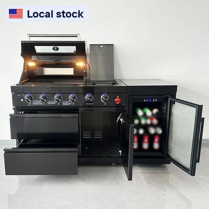 US Warehouse 304 Stainless Steel Outdoor Kitchen Set with 4-Burner BBQ Grill and Fridge for Backyard Garden