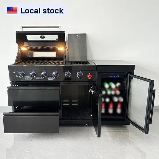 US Warehouse 304 Stainless Steel Outdoor Kitchen Set with 4-Burner BBQ Grill and Fridge for Backyard Garden