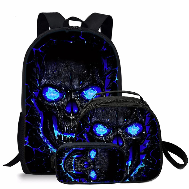 Unisex Three-Piece Set Skull Printed Student Backpack Pencil Bag Lunch Bag Zipper Closure Fashionable Waterproof Polyester